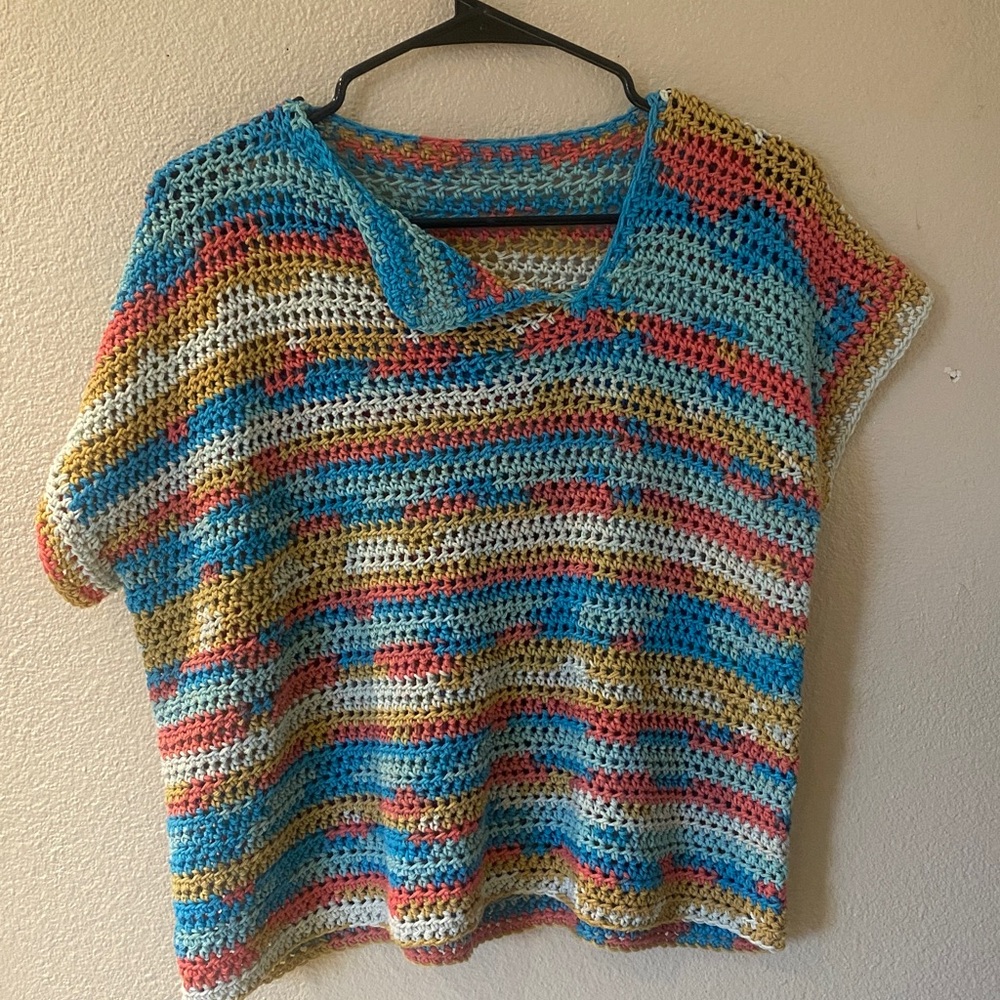 Handmade Crochet Striped Top | Boho Festival Short Sleeve Pullover